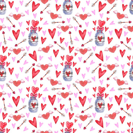 Seamless pattern with hearts on a white background. Suitable for the design of paper, fabric, postcards.の写真素材