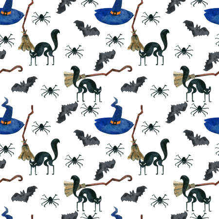 Seamless pattern with Halloween elements, cats, witch hats and brooms, bats on a white background.の写真素材