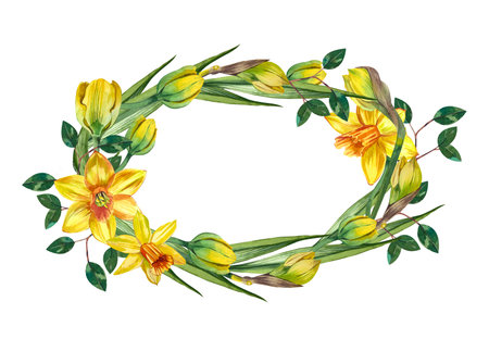 Oval frame of spring flowers, tulips and daffodils. Suitable for the design of invitations, postcards, weddings and more.の写真素材