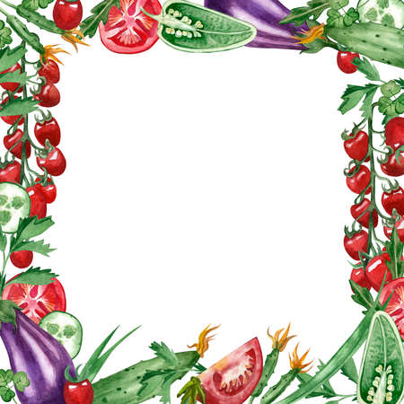 A square frame of autumn vegetables, hand-painted in watercolor on a white background. Eggplant, herbs, green onions, tomatoes, chili pepper on a white background. Suitable for design, textiles.の写真素材