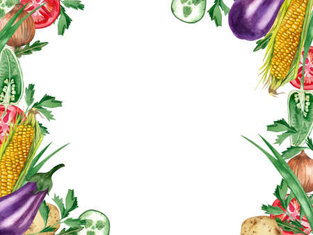 A square frame with autumn vegetables, hand-painted in watercolor on a white background. Eggplant, corn, green onion, tomatoes, chili pepper on a white background. Suitable for design, textiles.の写真素材