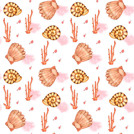 Seamless pattern on a marine theme: corals, watercolor spots, shells, hand-painted in watercolor on a white background. A great option for fabric, wallpaper, scrapbooking, invitations and creativity.の写真素材