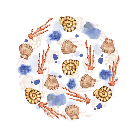 Round composition of seashells, corals, water splashes painted by hand in watercolor on a white...