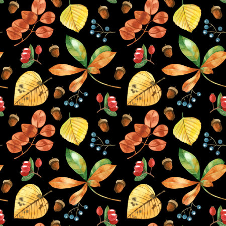 Seamless pattern of watercolor autumn leaves on a white background. Birch, chestnut, elm leaves hand-painted in watercolor on a dark background. Suitable for printing on fabric, paper, invitationsの写真素材