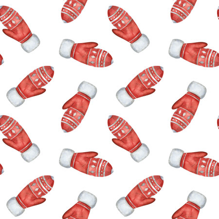 Seamless watercolor pattern on a Christmas theme. Bright red mittens with a blue pattern hand-painted in watercolor and isolated on a white background. Suitable for fabric printing, scrapbookingの写真素材