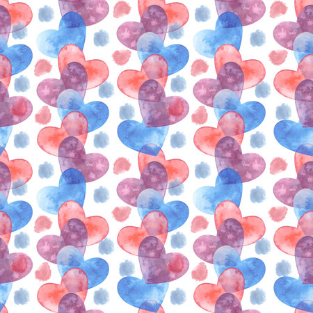 Valentines day. Seamless pattern on a white background and watercolor hearts, spots and dots...