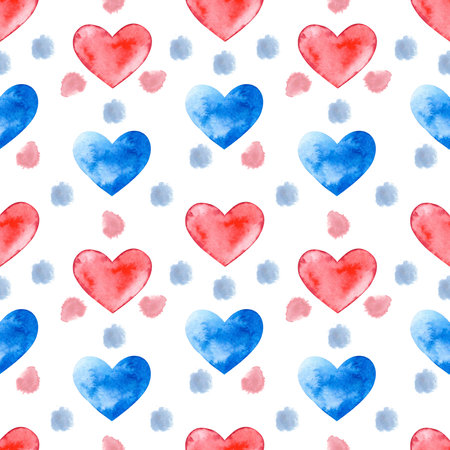 Valentines day. Seamless pattern on a white background and watercolor hearts, spots and dots...
