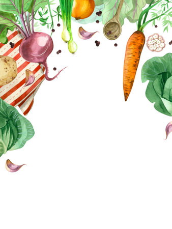 Rectangular composition. Composition of vegetables, cabbage, carrots, green onions, garlic, beets and a striped napkin. All elements are hand painted in watercolor. For printing, fabric, tableware.の写真素材