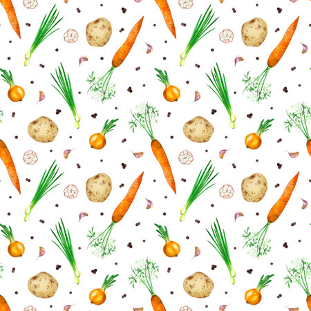 Seamless pattern of vegetables on a white background. carrots, onions, potatoes, garlic hand drawn watercolor. for print, fabric, wallpaper, scrapbooking.の写真素材