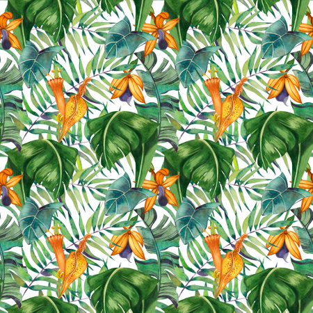 Seamless pattern on a white background. Tropical orange flowers and green plants leaves hand-drawn in watercolor on a white background. Great for printing on fabric, wallpaper.の写真素材