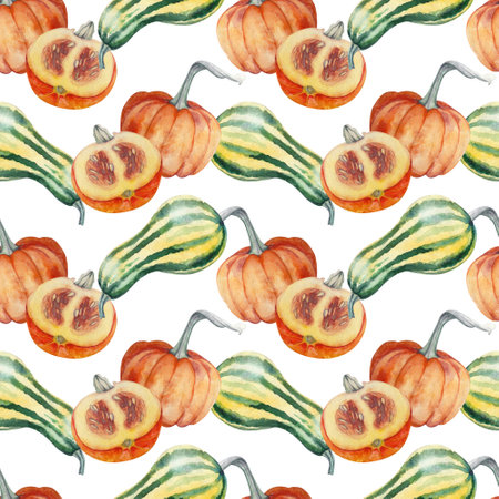 Seamless pattern of orange and striped pumpkins on a white background. All elements are hand painted in watercolor. Suitable for printing on fabric, invitations, postcards and for decoration.の写真素材