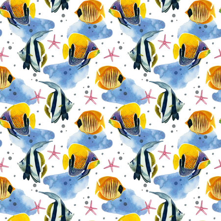 Seamless pattern. Tropical fish in bright colors, pink stars and blue spots hand-drawn in watercolor on a white background. Suitable for printing on fabric, paper, design and scrapbooking.の写真素材