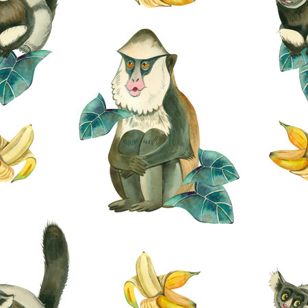 Seamless pattern with funny monkeys and bananas on a white background. All elements are hand painted in watercolor. Suitable for printing on fabric, paper, design and scrapbooking, for childrens roomの写真素材