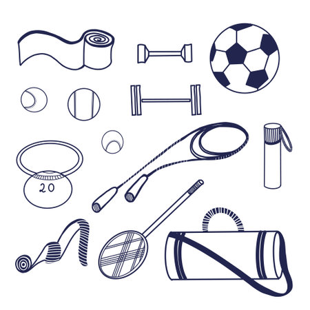 Set of illustrations. Sports equipment - tennis racket, dumbbells, bag, balls, jump rope, scales, water bottle, kettlebell drawn in vector on a tablet in dark blue. For print, design.のイラスト素材