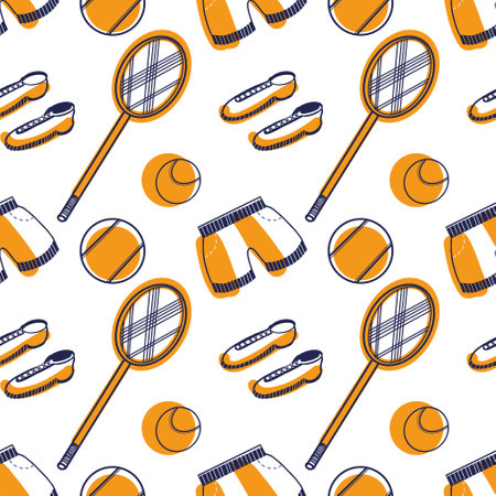 Seamless vector pattern. Tennis: tennis rackets, sneakers, balls, shorts drawn on the tablet in dark blue and orange. Suitable for printing on fabric and paper, for design.のイラスト素材