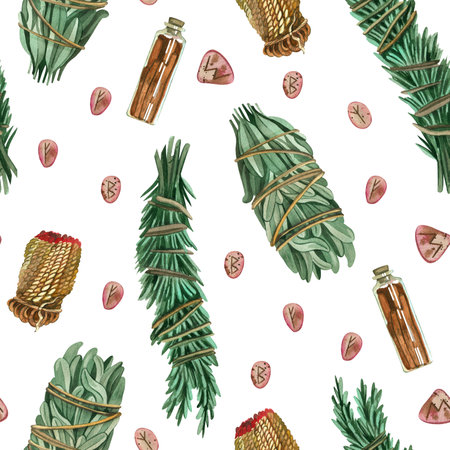 Seamless pattern on a white background. Items for fortune telling: white sage and rosemary in a bunch, runes on stones, hand painted with watercolors. Suitable for printing on fabric, paper, design.の写真素材