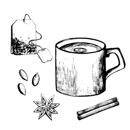 Vector illustration. Cup of tea, tea bag, spices, cardamom, star anise, cinnamon drawn in vector in black on a white background. For baking, kitchen, dining room, design and creativity.のイラスト素材