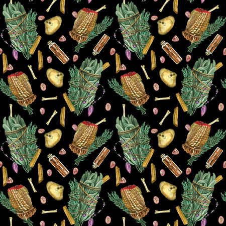 Seamless pattern. Items for fortune telling: crystal pendulum, herbs and candles for fumigation, stones with runes. Everything is hand painted in watercolors. Suitable for printing on fabric and paperの写真素材