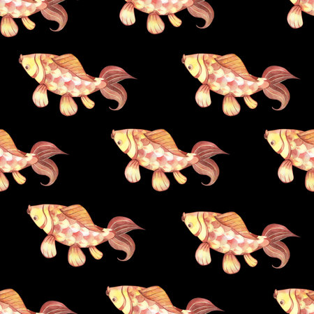 Seamless pattern. Chinese carp are red and yellow in color with large fins on a dark background. All elements are hand-painted with watercolors. For printing on fabric and paper, cards and invitationsの写真素材