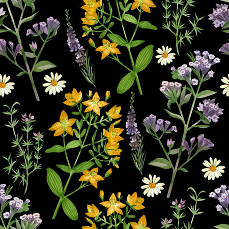 Seamless pattern on a dark background. Meadow grasses chamomile, lungwort grass, hypericaceae, heather oregano drawn in colored watercolor by hand. For printing on fabric and paper, textiles, design.の写真素材