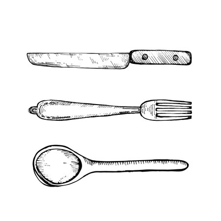 Illustration. Vector illustration. Cutlery, knife, fork, spoon drawn in vector in black on a white background. Suitable for printing on paper, menus, recipes, scrapbooking.のイラスト素材