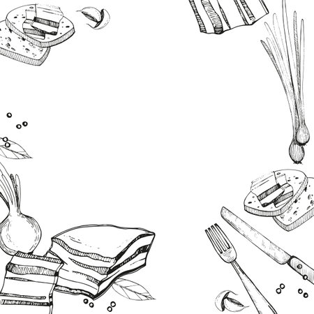 Illustration. Food frame. Lard, a piece of lard with bread, cloves of garlic, peppercorns and onions, cutlery. All objects are drawn in vector in black. For printing on paper, menus, recipes.のイラスト素材