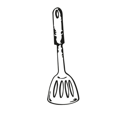 Spatula for meat and cooking. Vector illustration. The spatula is hand drawn in vector on a white background in black. Suitable for printing on fabric and paper, for design, scrapbooking.のイラスト素材