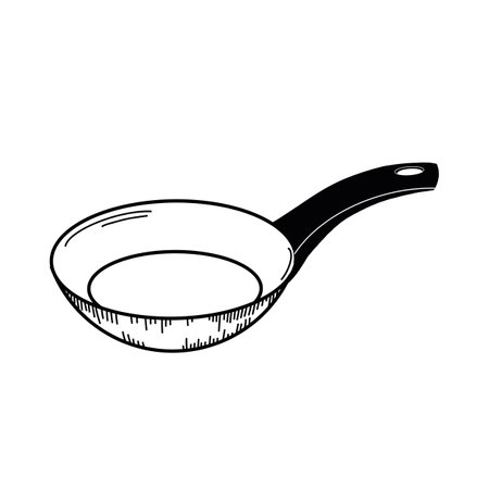 Frying pan in vector format for kitchen design. A frying pan with a black handle is drawn in vector with a black outline on a white background. Suitable for kitchen design, textiles, paper, creativityのイラスト素材