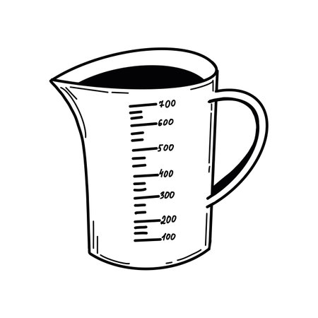 Measuring cup in vector format for kitchen design. The glass is drawn in vector with a black outline on a white background. Suitable for kitchen design, textiles, paper, scrapbooking, creativity.のイラスト素材