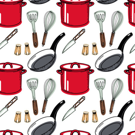 Seamless pattern with kitchen utensils. Red saucepan, frying pan with black handle, salt and pepper shaker, knife, whisk, spatula. Drawn in vector in black, red, brown. For kitchen, textiles, design.のイラスト素材
