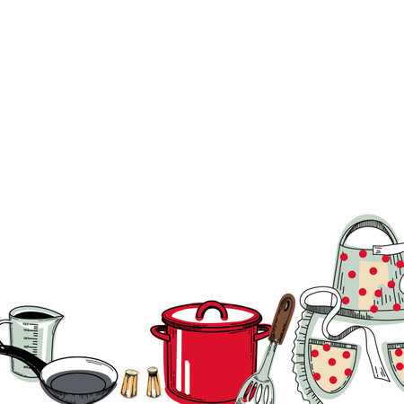 Kitchen composition with utensils: red saucepan, frying pan, polka dot apron, whisk, knife, salt shaker, pepper mill, cooking spatula, whisk. Vector illustration. For kitchen, stove, design.のイラスト素材