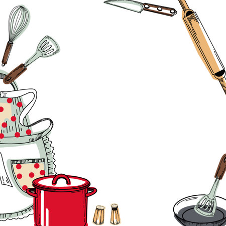 Frame with kitchen utensils: a red saucepan, a frying pan, a polka dot apron, a whisk, a knife, a salt shaker, a pepper mill, a cooking spatula. Vector illustration. For kitchen, stove, design.のイラスト素材
