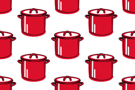 Seamless pattern with kitchen utensils. Red saucepan on a white background. All objects are hand-drawn in vector in red and black. For printing on fabric, paper, tableware and textile design.のイラスト素材