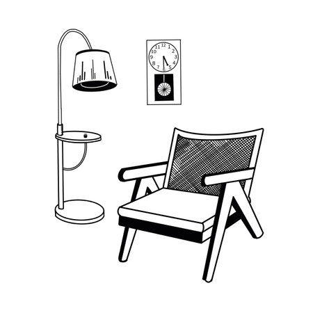 Vector illustration. Vintage interior with an armchair, floor lamp and clock. Room design hand drawn in vector in black on a white background. Suitable for printing on fabric, paper, interior sketchesのイラスト素材