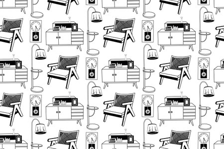 Seamless pattern hand-drawn in vector on the theme of interior design, armchair, floor lamp, chest of drawers, wall clock. Drawn in vector in black. For printing on paper and fabric, interior design.のイラスト素材
