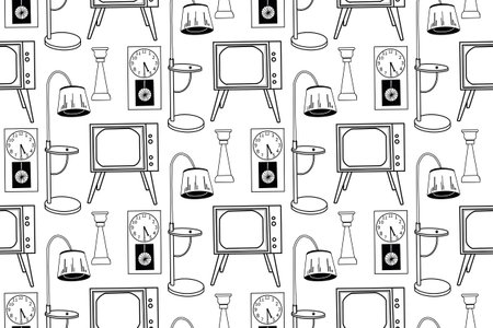 Seamless pattern hand-drawn in vector on the theme of interior design, furniture, TV, floor lamp, wall clock, vase. Drawn in vector in black. For printing on paper, fabric, interior sketches.のイラスト素材