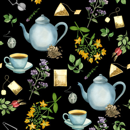 Watercolor pattern on a tea theme. A teapot, a cup of tea, tea leaves, meadow herbs, tea bags, a strainer for brewing. Everything is hand painted with watercolors. For printing on packages, design.の写真素材
