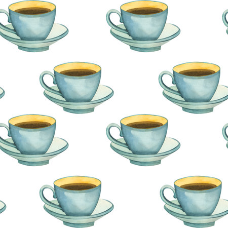 Seamless watercolor pattern. Cup of tea hand drawn in blue watercolor. Suitable for printing on fabric, paper, kitchen textiles, product packaging, scrapbooking. Watercolor illustration.の写真素材