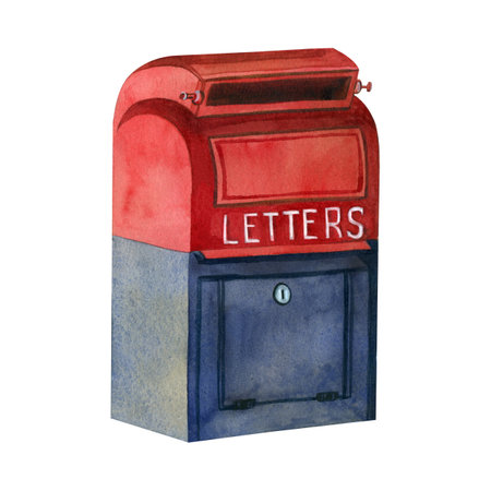 Watercolor illustration, mailbox of different colors, blue, red, letters with white inscription. All elements are hand-painted with watercolors. For printing on fabric, paper, scrapbooking, postcards.の写真素材