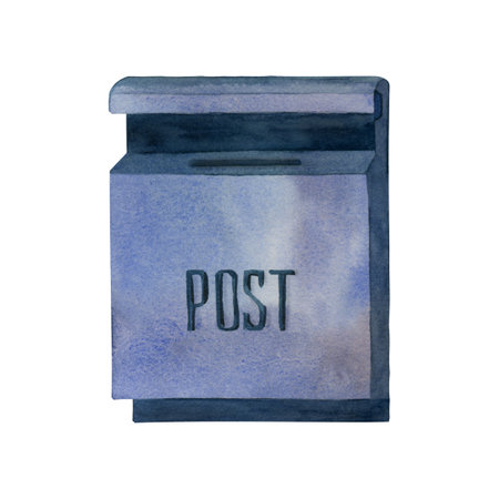 Watercolor illustration, a mailbox for letters in blue with the inscription mail. All elements are hand-painted with watercolors. For printing on fabric, paper, scrapbooking, postcards.の写真素材