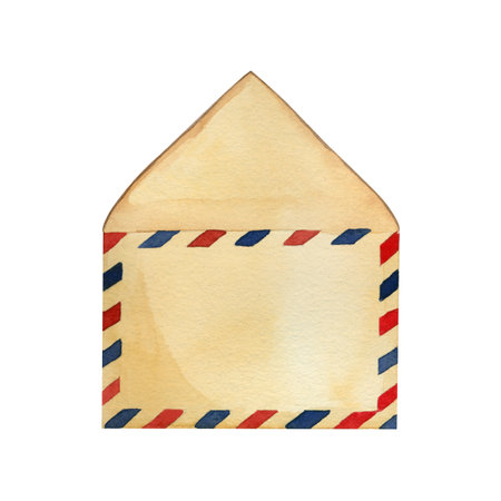 Open envelope with red and blue border, hand painted with watercolor, isolated on white background. Illustration of a postal letter made from hand-painted kraft paper. Vintage card, retro design.の写真素材