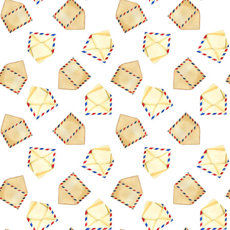 Seamless pattern. Postal envelopes with red and blue stripes. All objects are hand-painted with watercolors. Watercolor illustration. Suitable for wrapping paper design, scrapbooking, creativity.の写真素材