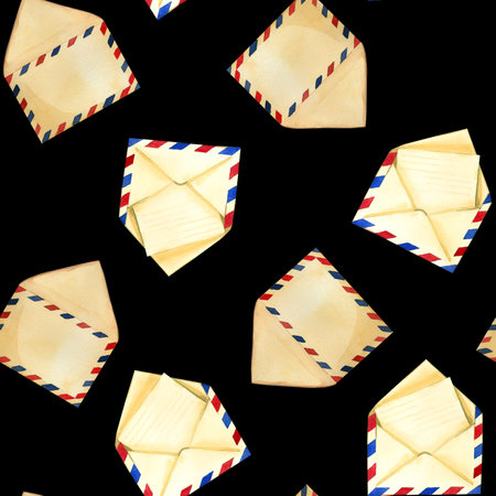 Seamless pattern. Postal envelopes with red and blue stripes on a black background. All items are hand painted with watercolors. Watercolor illustration. For wrapping paper design, scrapbooking.の写真素材