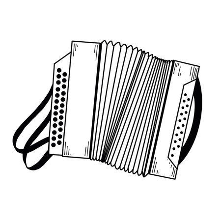 Russian folk instrument. An accordion with buttons and a belt, drawn in vector in black on a white background. Suitable for printing on posters, invitations, cards, for design.のイラスト素材