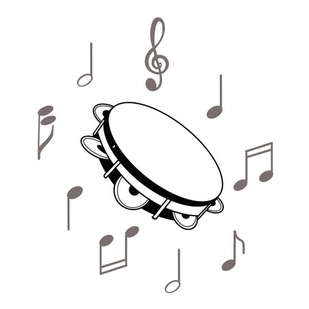 Musical instrument - tambourine, notes. Vector illustration. All objects are hand-drawn in black in vector. Suitable for printing on invitations, posters, cards.のイラスト素材