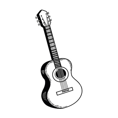 Musical instrument - guitar. Vector illustration. All objects are hand-drawn in black in vector. Suitable for printing on invitations, posters, cards and posters.のイラスト素材