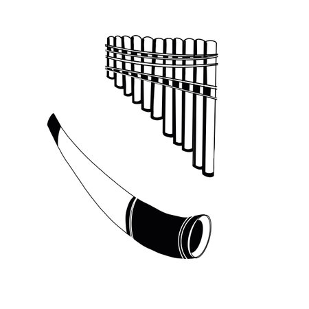 Set of vector illustrations. Russian folk instruments, horn, kugikla, flute, wind instruments. All objects are hand-drawn in vector. Suitable for printing on fabric, posters, invitations.のイラスト素材