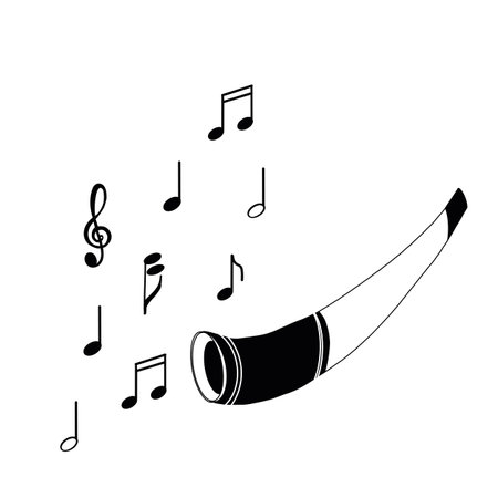 A horn that makes a melody. Russian wind folk instrument, horn, bugle, hand drawn in vector on a white background. Suitable for printing on fabric, posters, cards, invitations.のイラスト素材