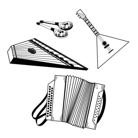 Musical instruments. Russian musical instruments. Accordion, wooden spoons, gusli, balalaika hand-drawn in vector. Suitable for invitations, cards. International Music Day 2024.のイラスト素材