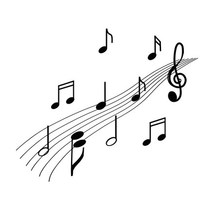Notes, treble clef, melody. Vector illustration. All objects are drawn in vector in black. Suitable for printing on posters, invitations, cards, tickets and for design. International Music Day 2024.のイラスト素材